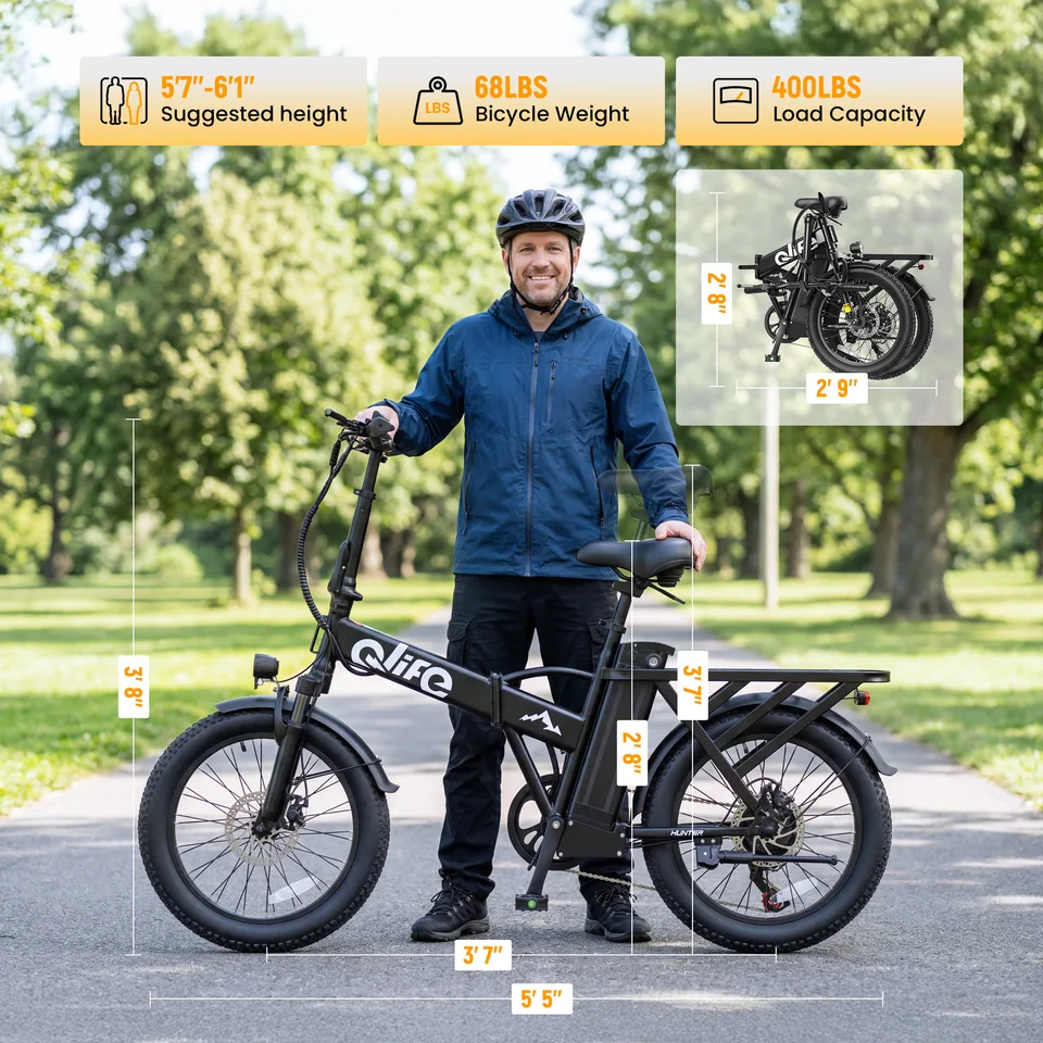 Qlife 20"×3" Fat Tire Foldable Ebike, 1200W Peak Motor 48V 13.5Ah Battery, 28MPH 65Mi Long Range Electric Bicycle image 13