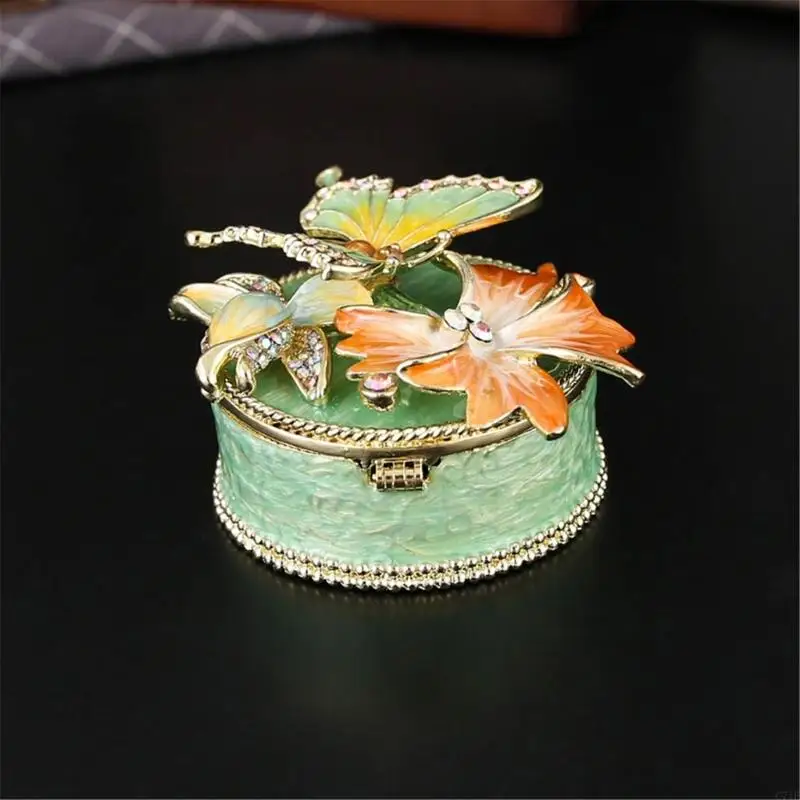  Floral Butterfly Enamel Decorated Jewelry Case Stainless Steel Material Multi Section Storage For Jewelry Protections