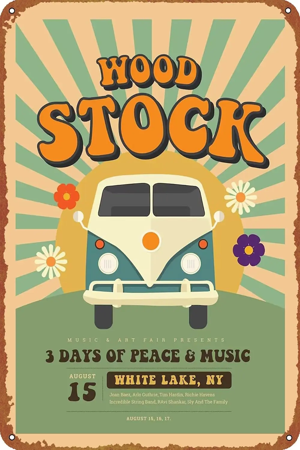 Woodstock Rock Festival 1969 Music Poster Metal Tin Sign Retro Wall Signs for Home Cafe Bar Pub Wall Decor 8x12 inch