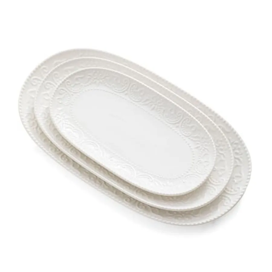 

Oval Serving Platter 14 12 10 Inch Ceramic Serving Platters with Embossed Design Stackable Porcelain Trays for Appetizers Desse