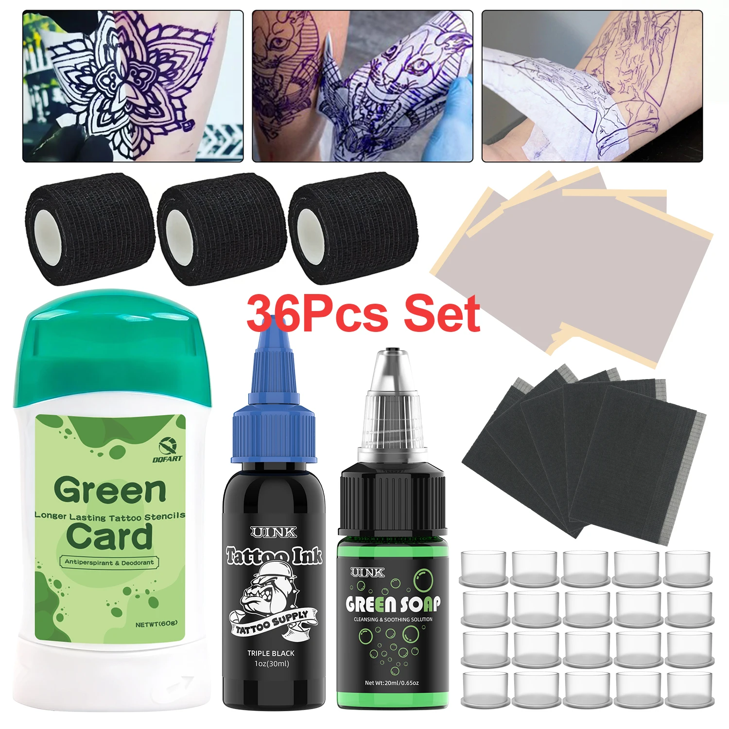 

DQFART Tattoo Kit 30ml Black Tattoo Ink 20Pcs Tattoo Ink Cap 3Pcs Tattoo Grip Wraps 5Pcs Tattoo Transfer Paper Tattoo Supplies