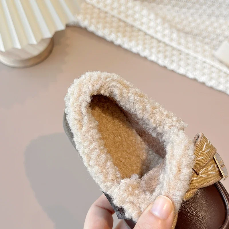 Zapatos de cuero acolchados para niñas de 2 a 16 años, mocasines de invierno con lazo Beige para niñas, botas de nieve antideslizantes de fondo suave marrón para niños