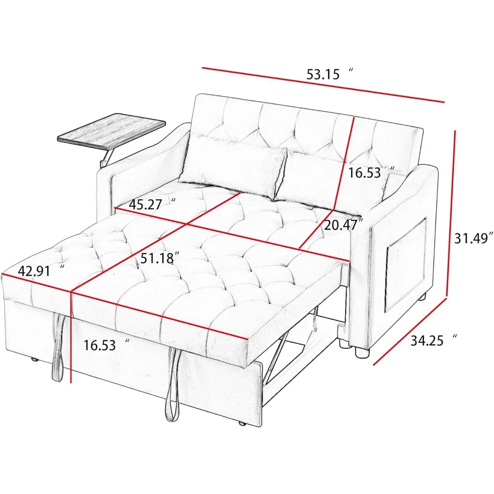 Convertible Sleeper Sofa Bed with Swivel Table, Adjustable Backrest, Side Pocket, Velvet Loveseat Futon for Small Spaces