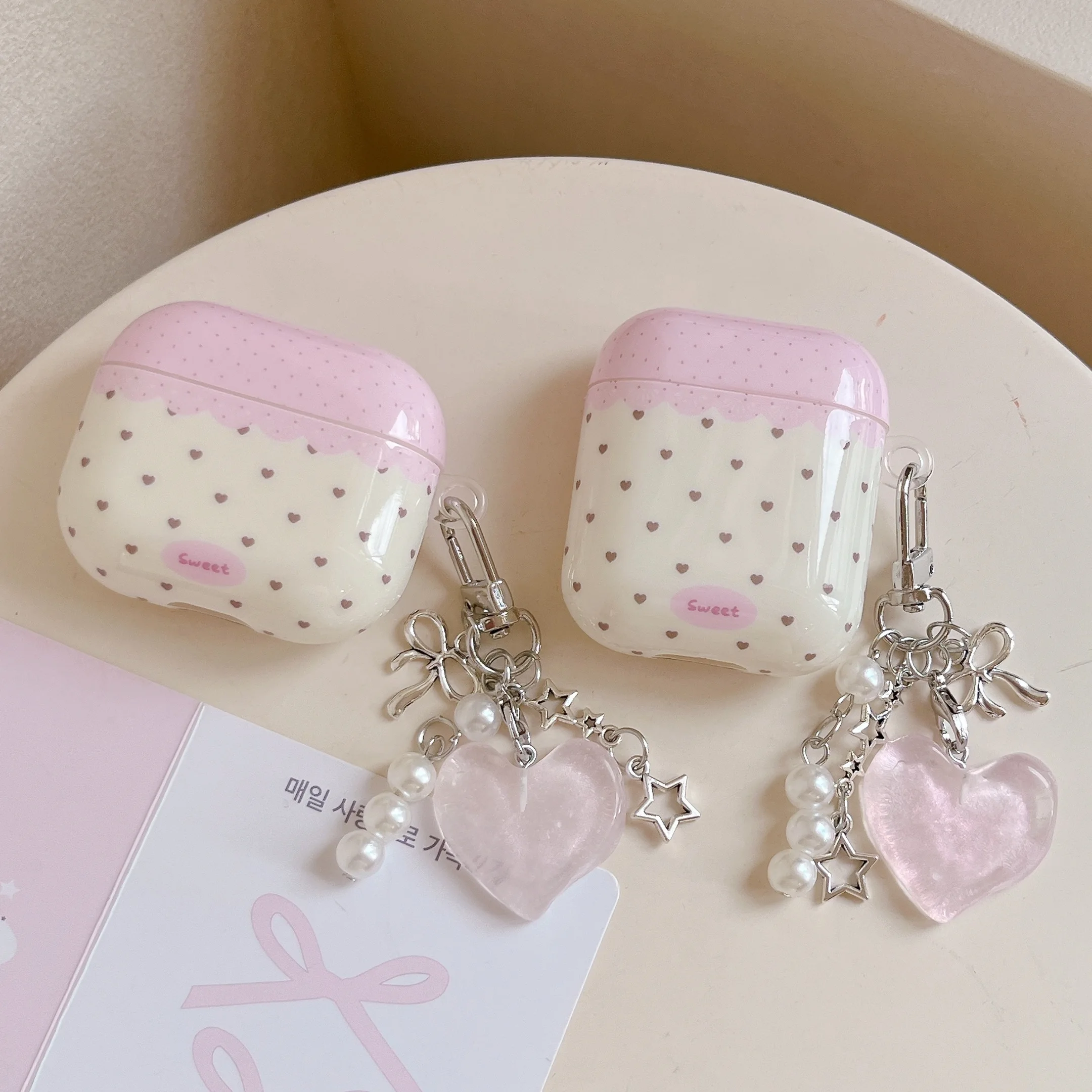 Cute Pink Loving Heart Polka Dot Lace-Edge with Pendant Protective Earphone Case Cover Case for AirPods 1 2 3 4 5 Pro Pro2 Pro3