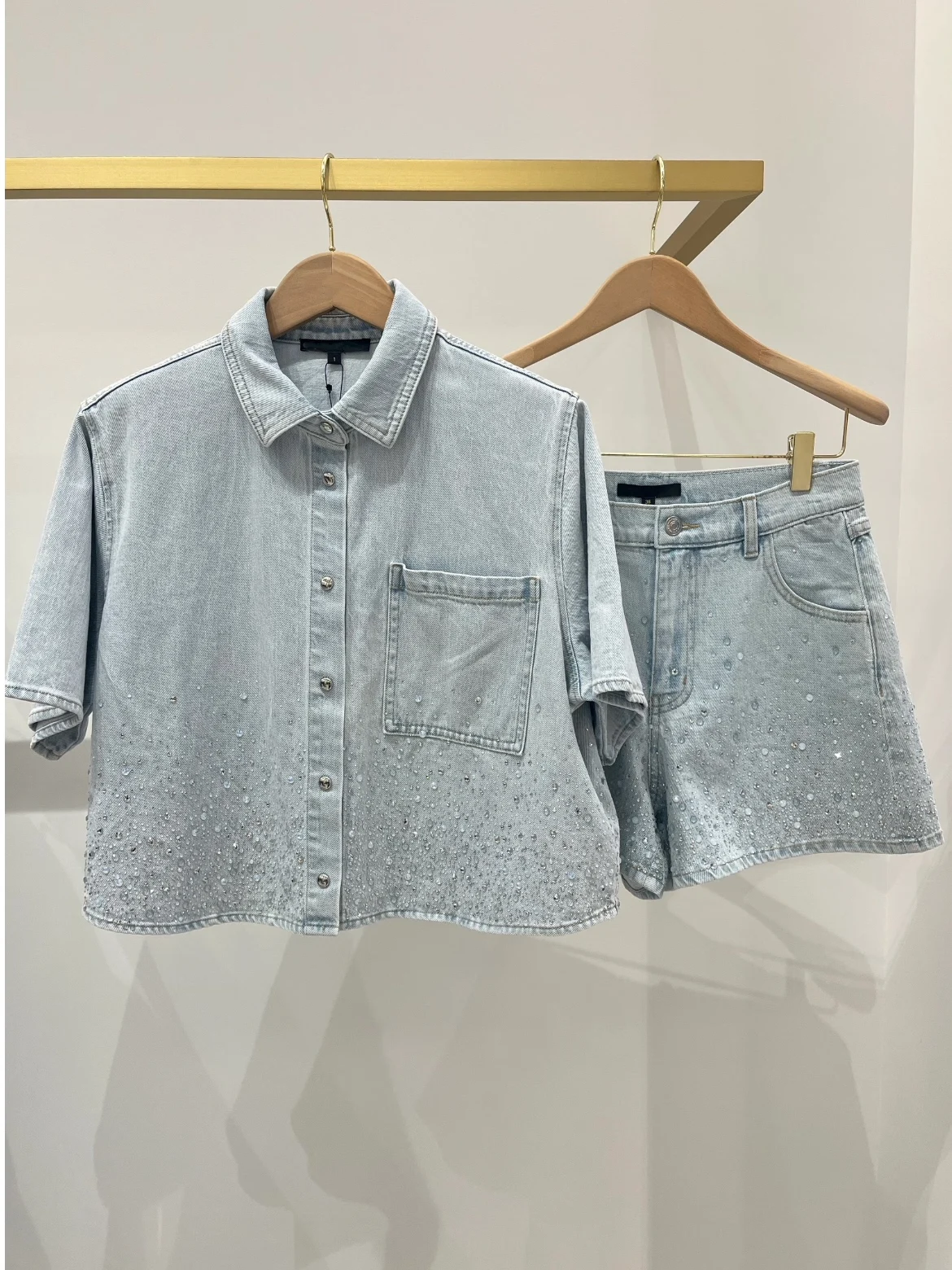

Heavy Embellished Starry Night Short Sleeve Denim Shirt And Shorts Set Women's Fashion Spring Collection by HEIDD