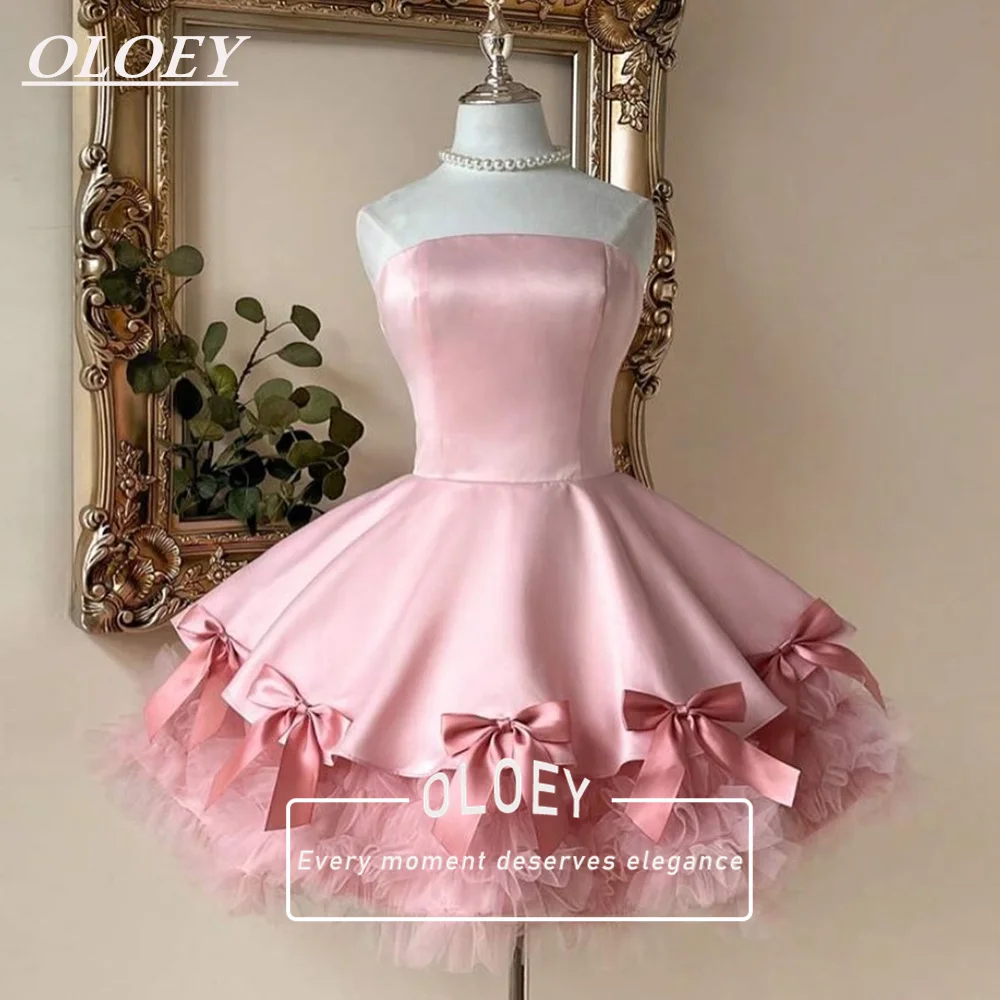 

OLOEY Modern Pink Strapless Short Prom Cocktail Dresses Customized A Line Puffy Mini Evening Gowns Pleated Bows Lae-up