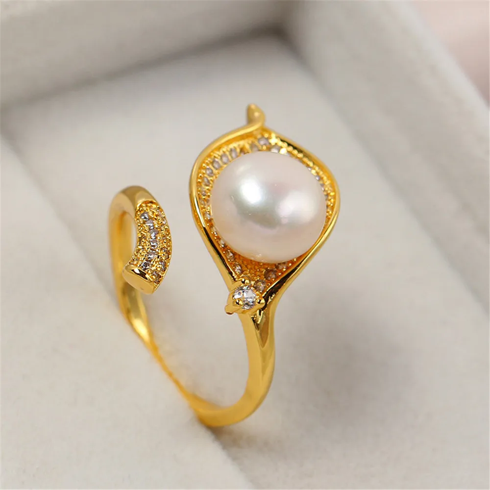 

Copper Plated 18K Real Gold Leaf Zircon Pearl Opening Ring Empty Support DIY Accessories Atmospheric Fashion Temperament Woman