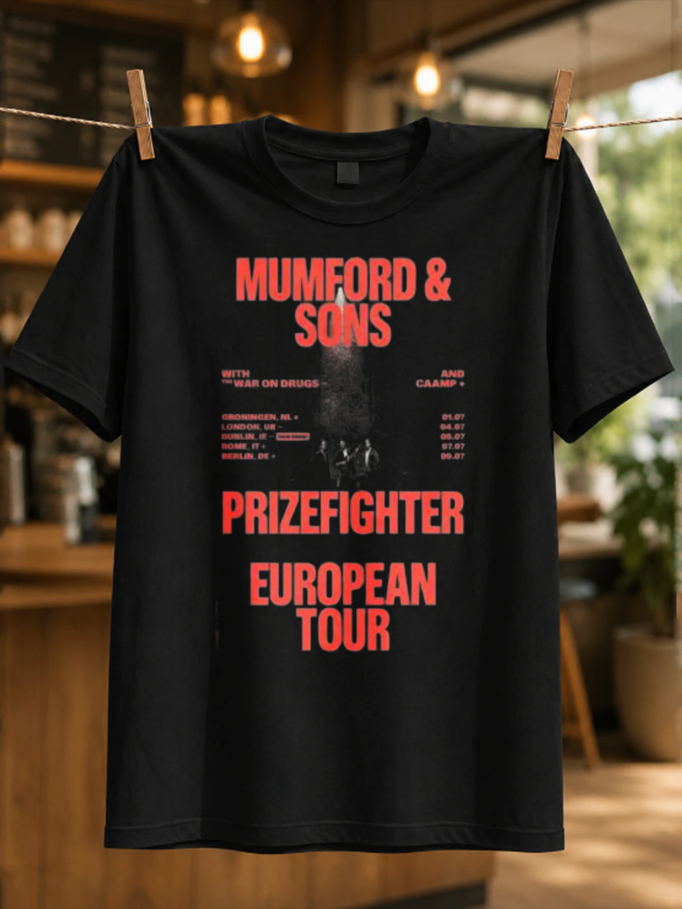 Mumford Prizefighter red European tour lettering with small central photo and city date list  Unisex All T-Shirt