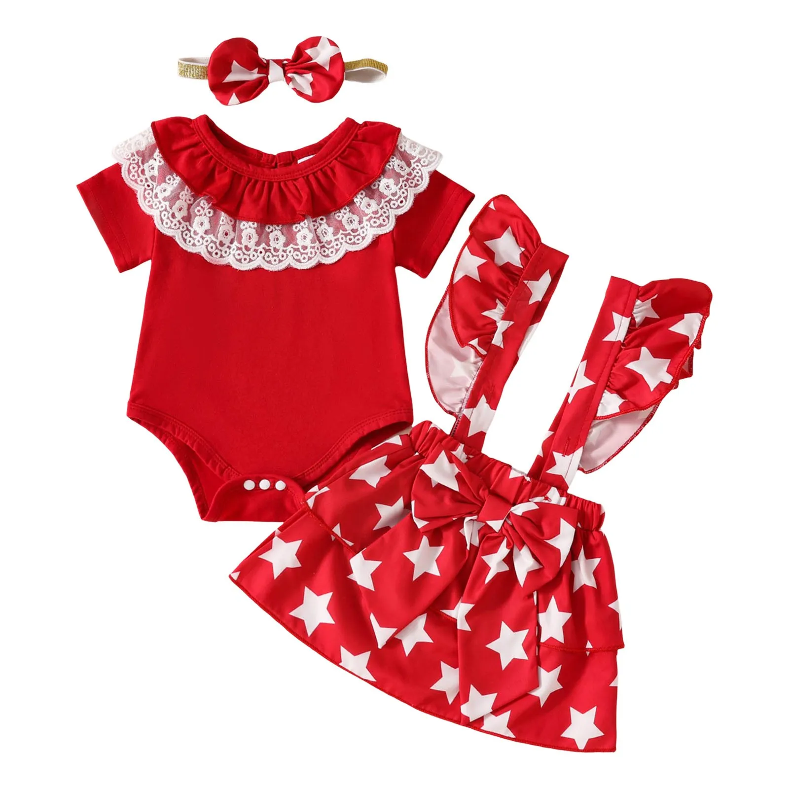 

Детская обувь для маленьких девочек, кружевной комбинезон с короткими рукавами на День независимости, волнистый край, звезда, большой бант, подтяжки, одинаковый наряд для бабушки