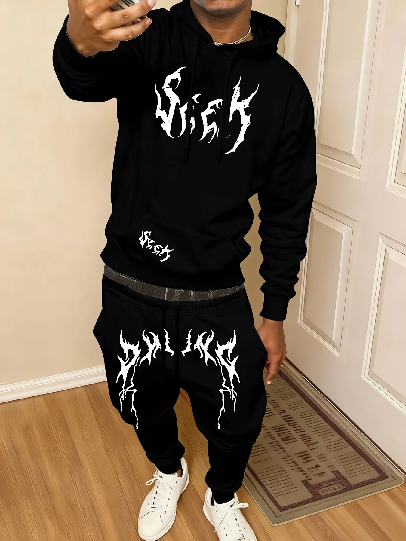 2026 Men Letter Graphic Print Tracksuit 2‑Piece Set Drawstring Pocket Hoodie Drawstring Jogger Pants Casual Outdoor Sport Suit