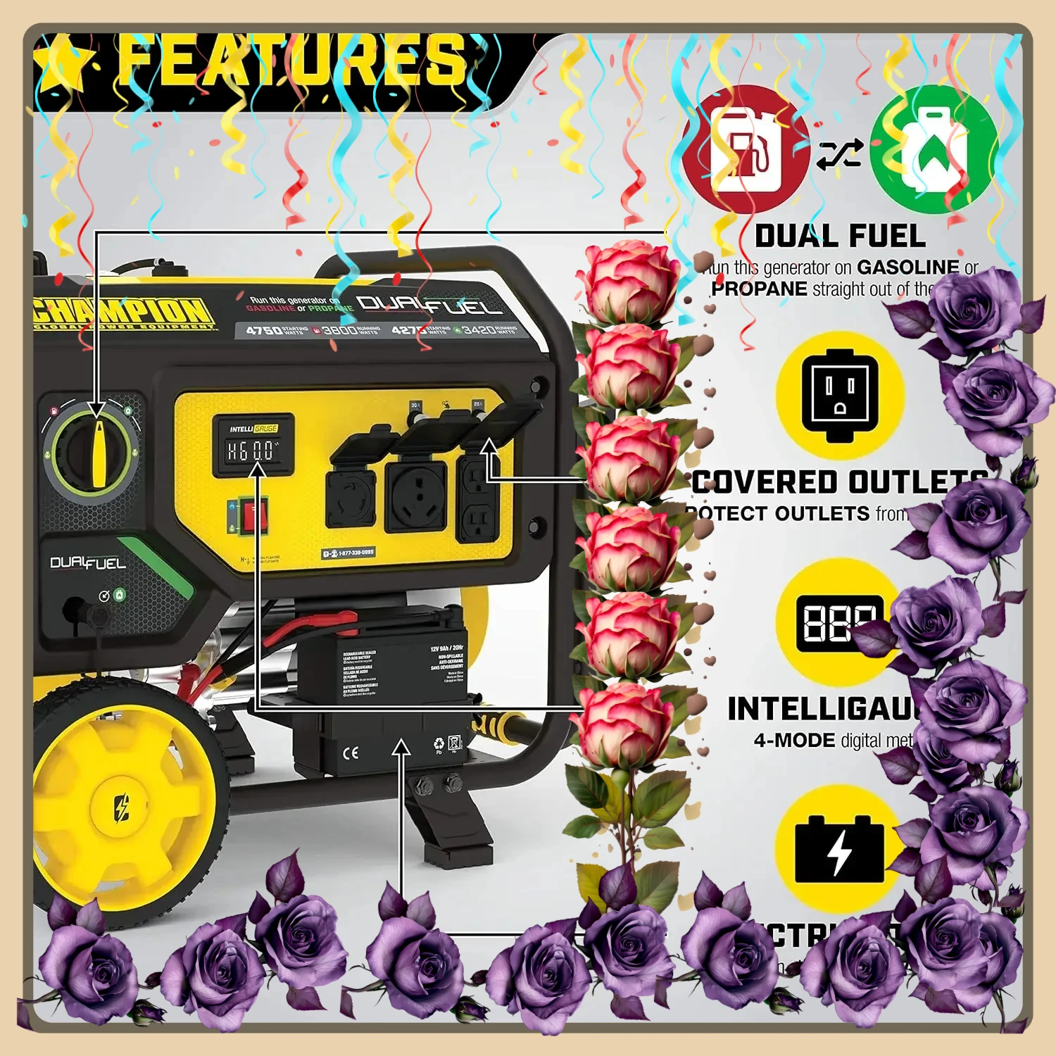 

[XMSJ-Limited Stock, Buy Now!]Dual Fuel Portable Generator, Wheel Kit with Electric Start 4750-Watt