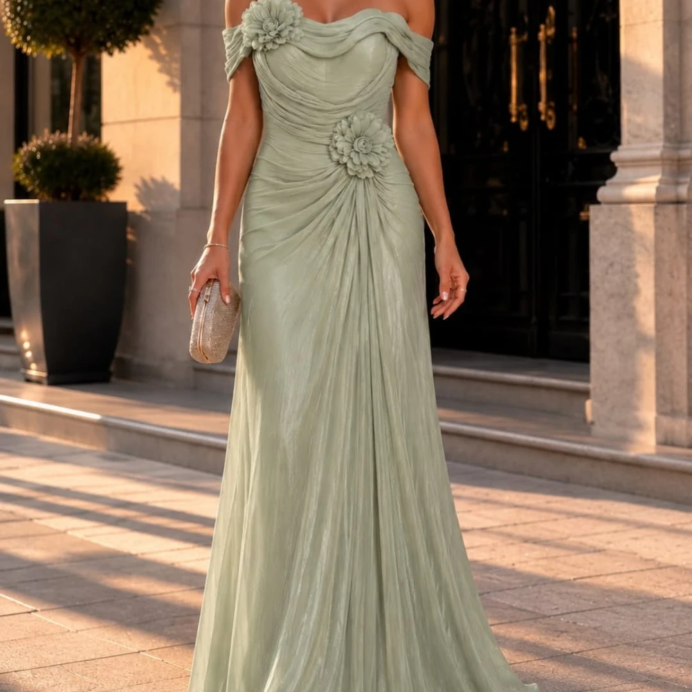 Customized Ethereal Sage Green Mermaid Gala Dress Featuring Off-The-Shoulder Fold Bardot Neck, Full Cross Draped Ruched Bodice