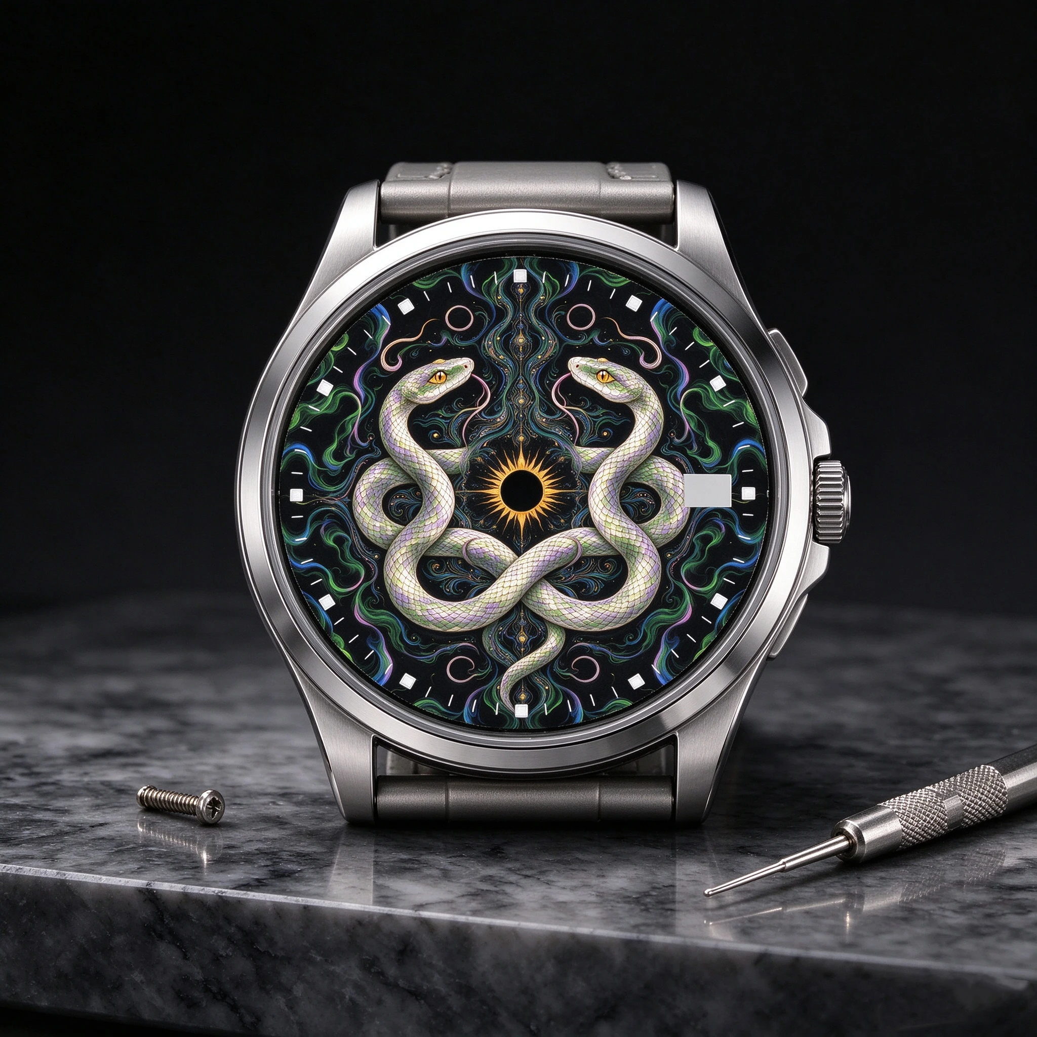 Custom Double Snake Watch Dial with C3 Green Luminous Markers Sun Pattern Design Compatible with NH35 Automatic Movement Watchma
