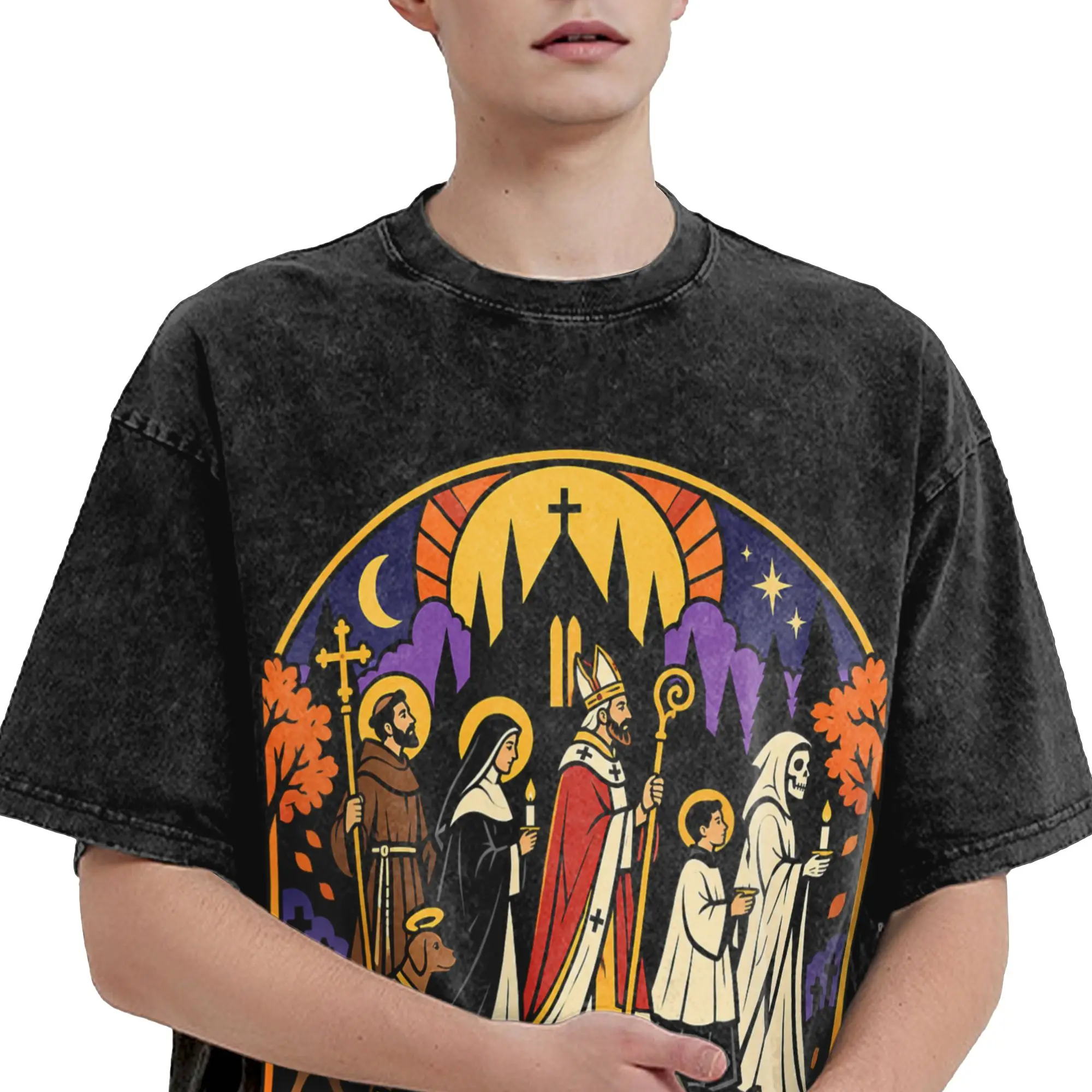 Hallowtide All Saints Day Christian Catholic Hallows Eve Cotton T Shirts  for Men's Summer Y2K Retro Print Short Sleeve Tees