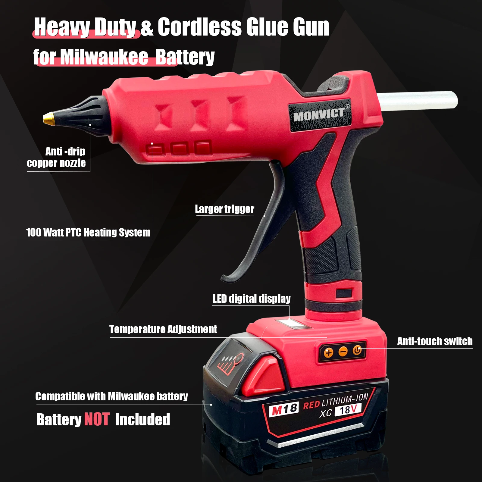 Upgraded 100W Cordless Glue Gun for Milwaukee 18V Battery,  Digital Temperature Adjustable Full Size Heavy Duty with 10 Sticks