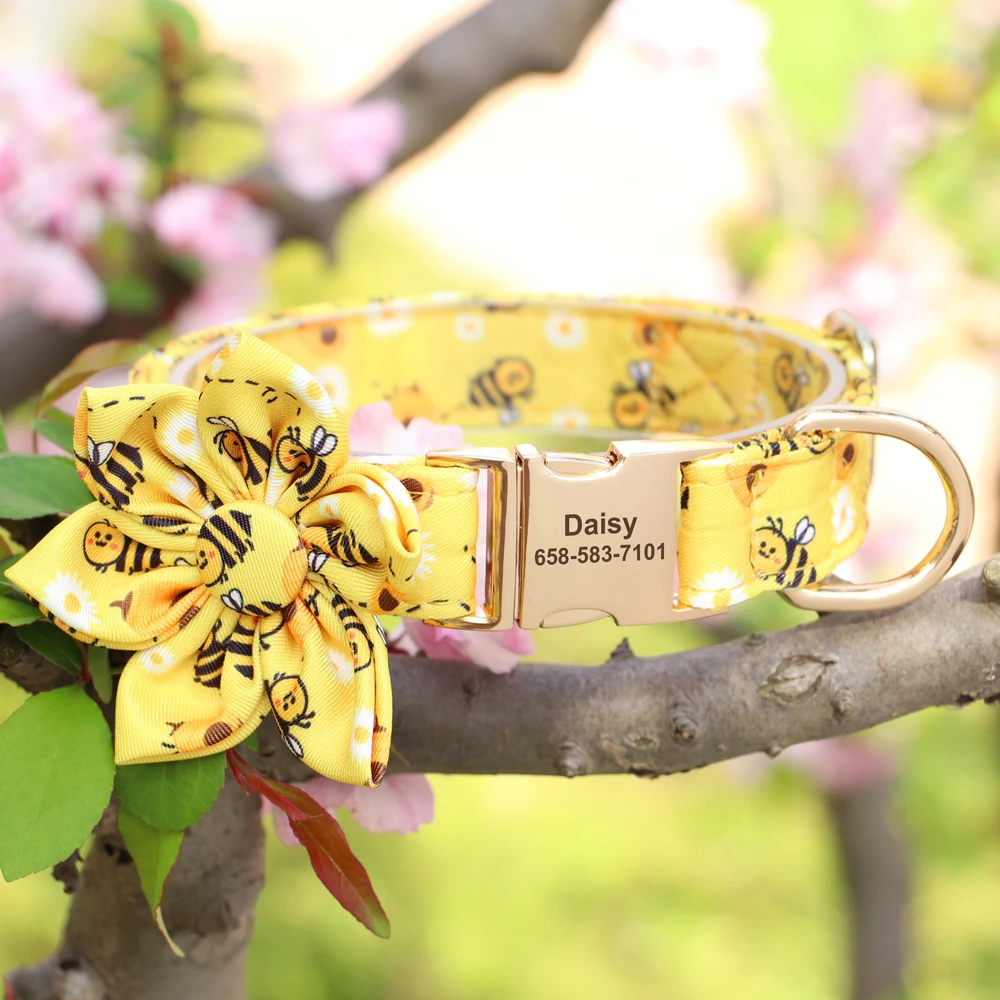 Custom Dog Collar Printed Nylon Dog Collars With Flower Accessories Personalized Pet ID Necklace Anti-lost For Small Large Dogs