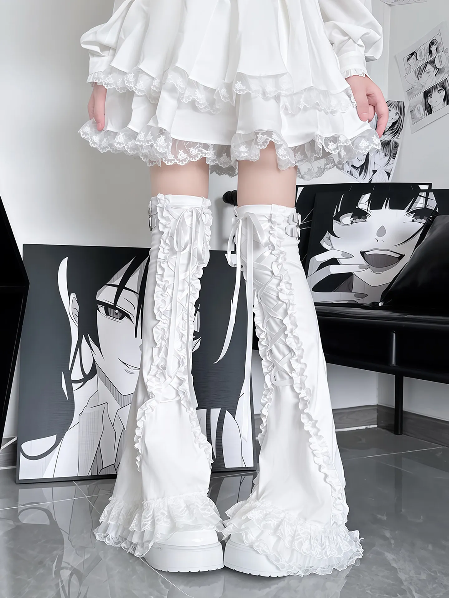 Lolita Lace with Versatile Leather Button Knee Socks Leg Warmers Cake Melaleuca Subculture Black Bud Long Tube Skinny Socks