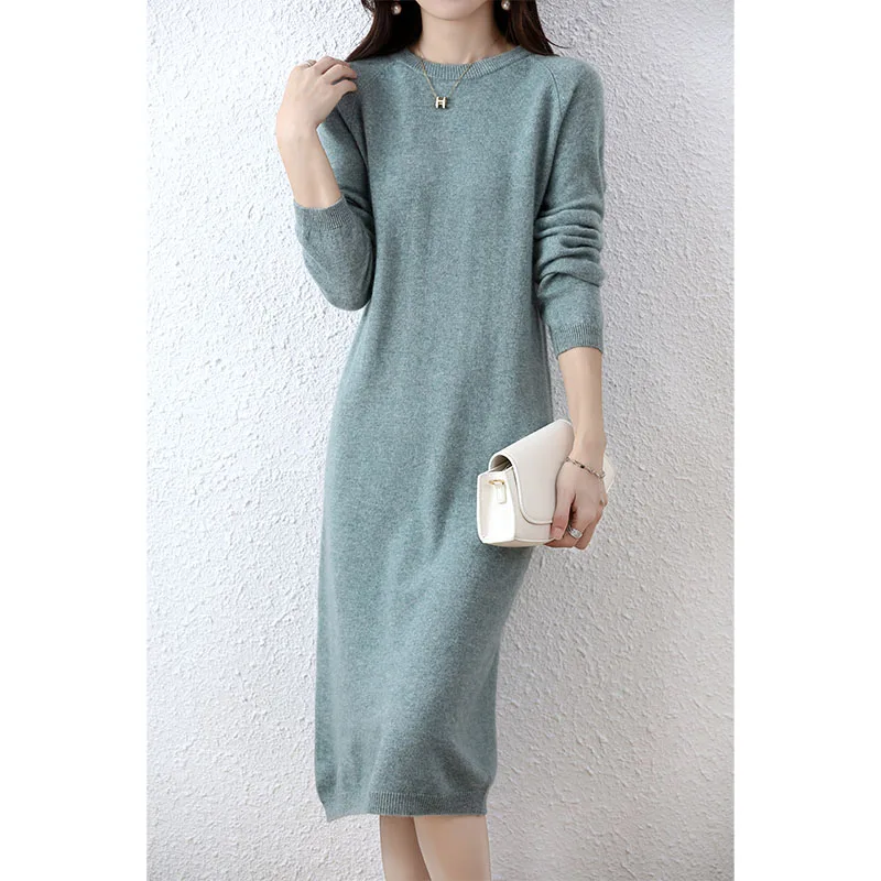 Cashmere Sweater Knitted Dresses 100% Merino Wool Women's Winter Female Elegant Pullovers Dress Autumn Casual Long Sleeve Skirts