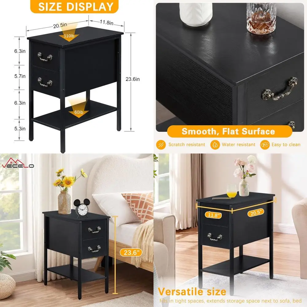 

Compact Black Nightstand with Drawers and Shelf for Living Room and Bedroom Spaces