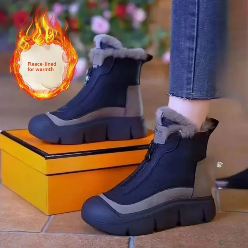 

Winter New Women's Cotton Snow Boots Thickened Warm Casual Short Boots Zipper Design Comfortable Breathable Leather Shoes