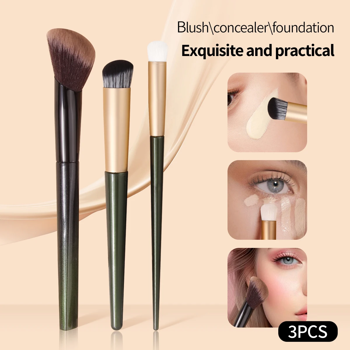 3Pcs Makeup Brushes Set, Foundation Concealer Blush Brushes, Soft Synthetic hair for Flawless Base Makeup, Professional Cosmetic
