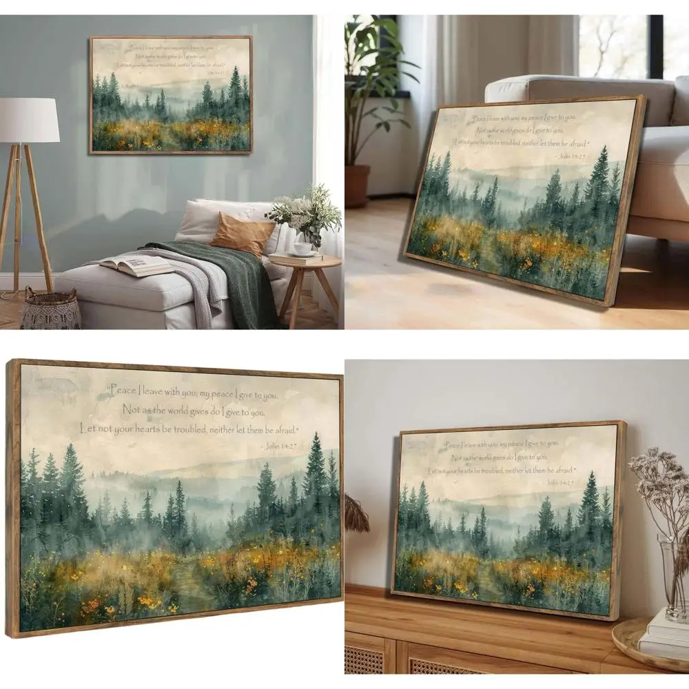 

Vintage Watercolor Forest Pathway Christian Art - John 14:27 Bible Verse Canvas for Home Decor