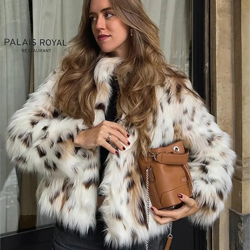 Trend Chic Leopard Faux Fur Coat Winter New Women's Stand Collar Plush Leopard Spotted Jacket Casual Luxury Thick Warm Overcoat