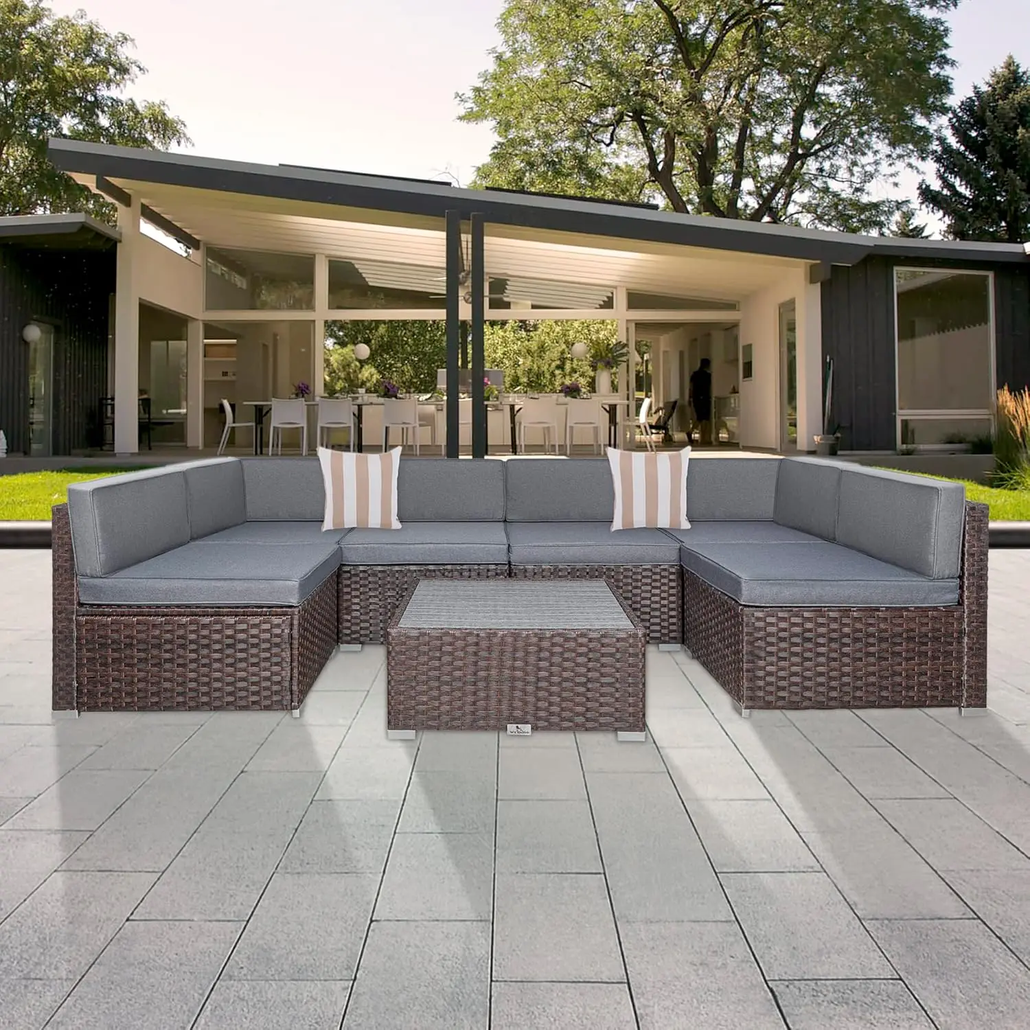 7 Piece Outdoor Patio Furniture Set with Cushions, PE Rattan Wicker Modular Outdoor Sectional L Shape Patio Conversation Sofa Se