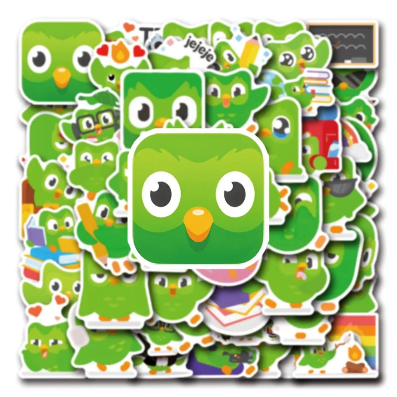 Cartoon Duolingo Pacote de adesivos decorativos, Diversão adesivos criativos, mala, copo de água, papelaria, telefone móvel, diversão, 55pcs