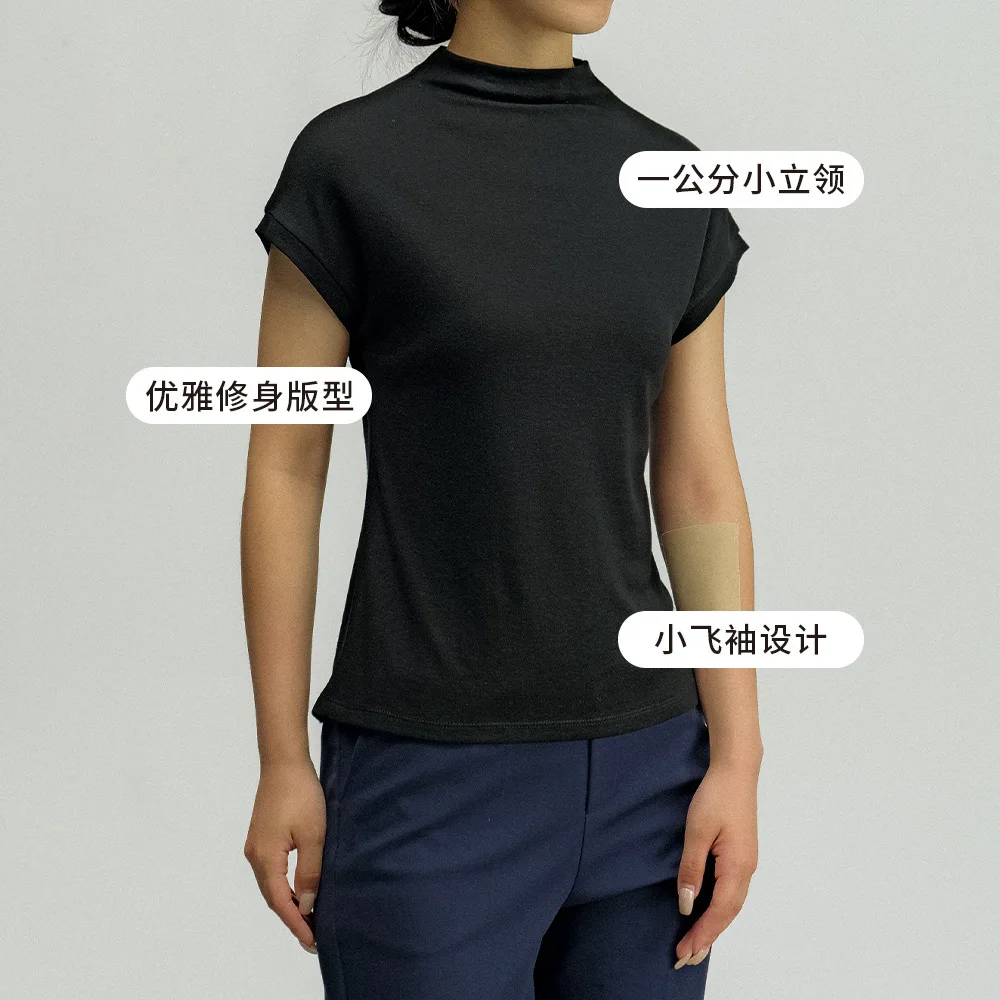 Haishiwei Summer Women's 2024 Top Tencel Wool Half High Neck T-Shirt Style Slim Fit Short Sleeve