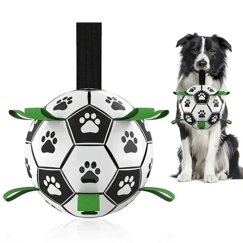 

Interactive Dog Toys for Tug of War and Fetch Tough Soccer Ball with Straps Durable Chew Resistant Ball Toy for Aggressive