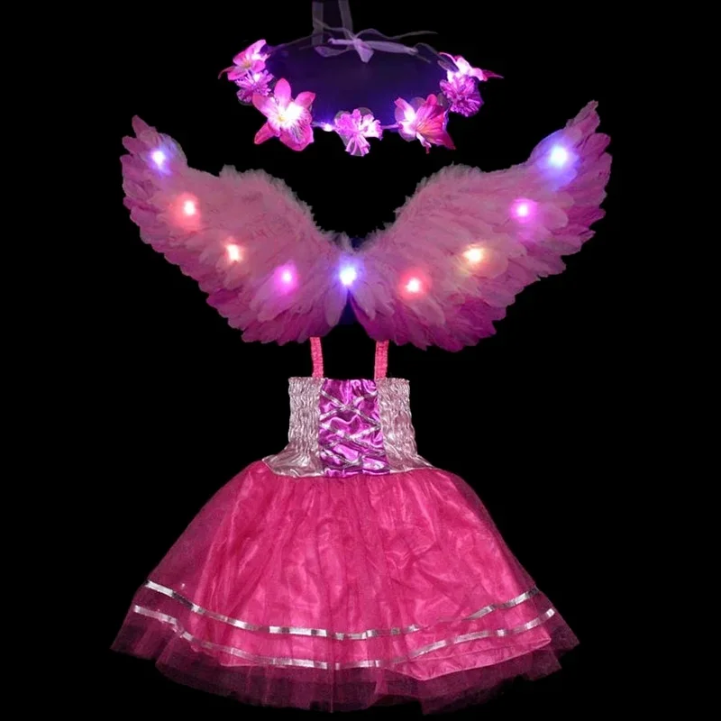 احتفالي LED توهج ضوء ريشة أجنحة الملاك الاطفال فتاة زهرة بنات حفلة تنكرية الزفاف عيد ميلاد