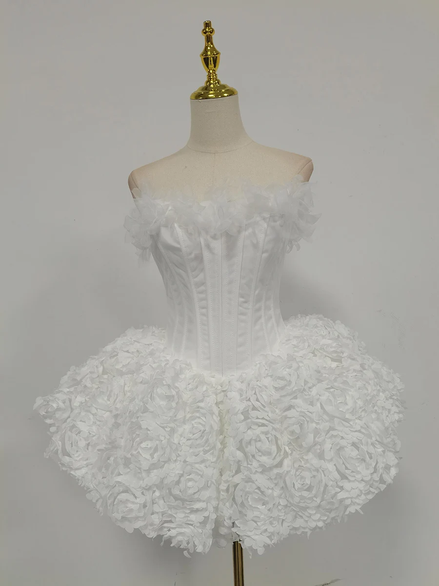 Vgh sexy 3d floral mini vestido para mulheres querida pescoço sem mangas osso de peixe túnica festa de aniversário saia glamour roupas femininas