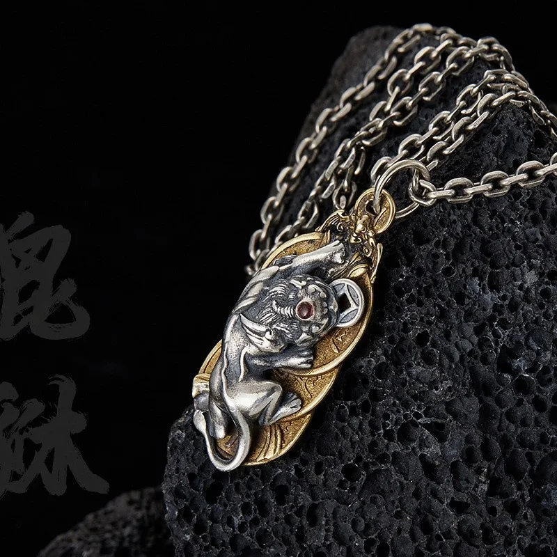 Retro diamond inlay silver 925 carved copper coin mythical beast necklace mens domineering fashion pendant banquet jewelry