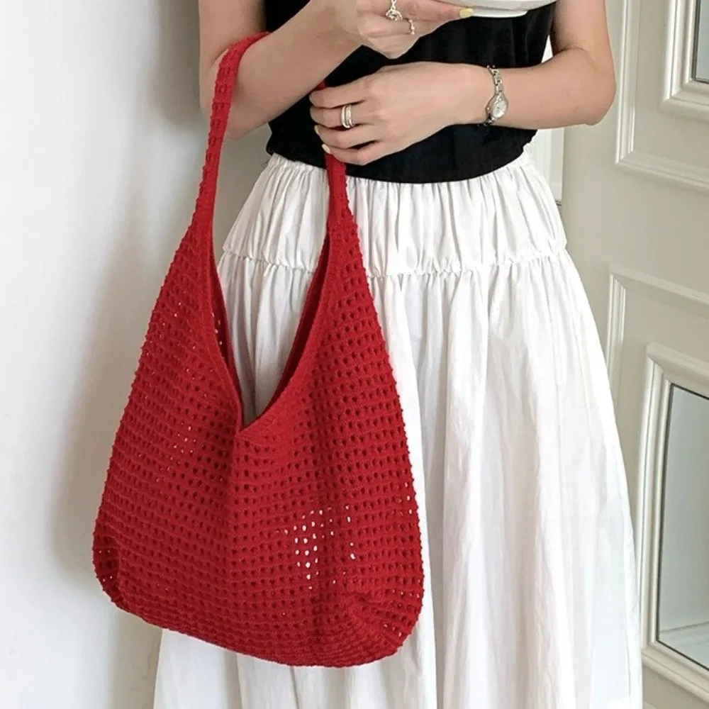 Solid Color Knitted Shoulder Bag Bohemian Style Large Capacity Crochet Mesh Tote Bag Hollow Out Spacious Woven Handbag Beach