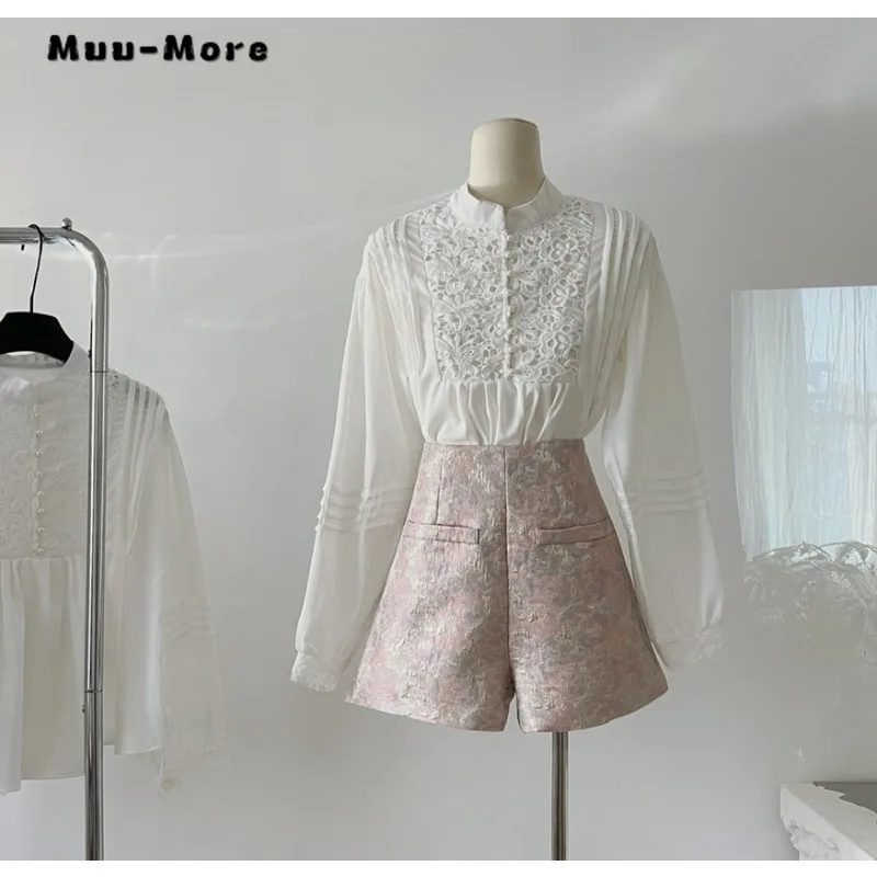 

2023 Autumn French Elegant Office Lady Two-piece Set Women Long Sleeve Stand Collar Shirt + Embroidery Shorts Luxury Shorts Set