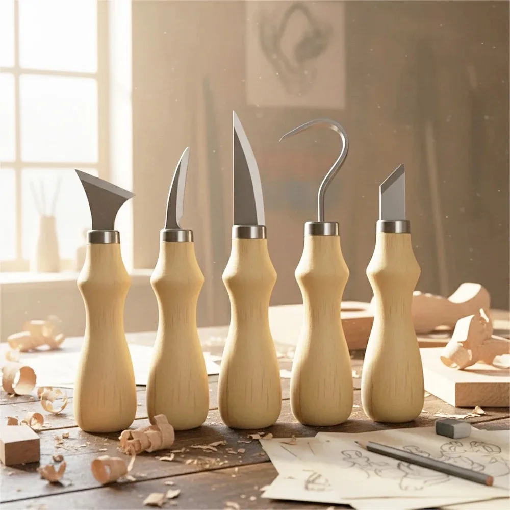 5Pcs Wood Carving Tools Set,Curved Knife For Arts Crafts Tools,For Hand Carving Wood Sharp,Portable Carving Tools.