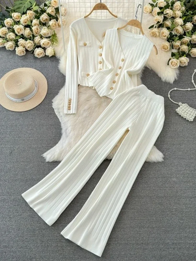 Women Vintage Three Piece Sets Autumn Winter V-neck Single Breasted Knitted Jacket High Waist Straight Leg Wide Leg Pants Suits