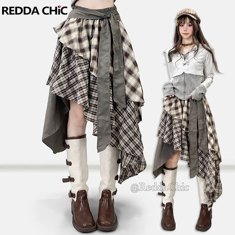 

REDDACHiC длинная юбка в стиле вестерн в стиле ретро, клетчатая коричневая узел с эластичной резинкой на талии, многоуровневая юбка с нерегулярными рюшами, праздничная одежда в стиле стимпанк