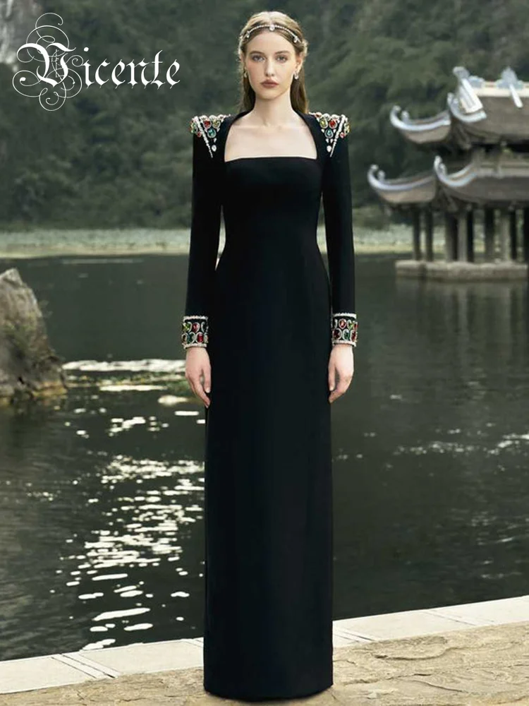 VC Elegant Dresses For Women Long Sleeves Black Bandage Bodycon Gown Colorful Crystal Evening Party Dresses 2024 New