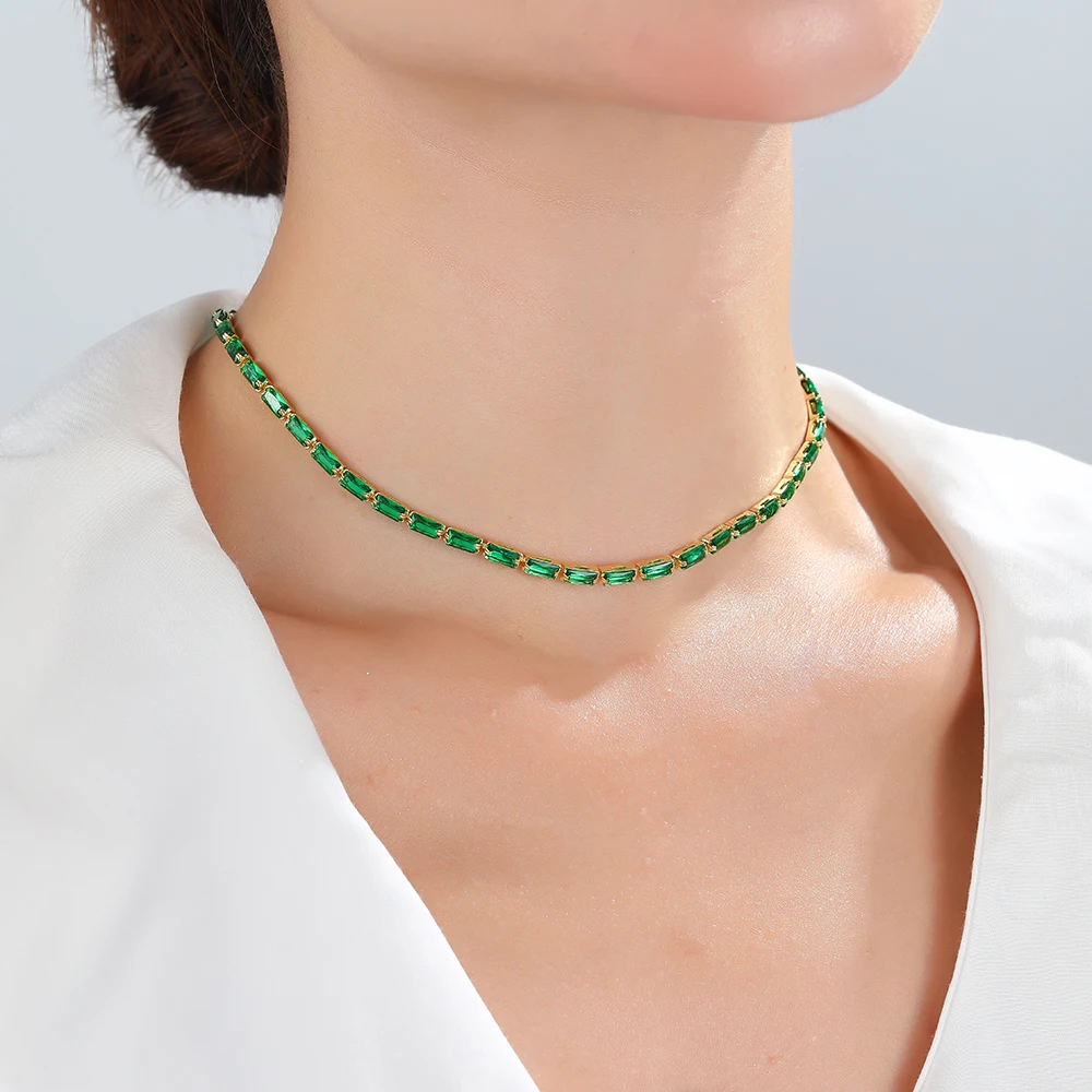 Green Cubic Zirconia Tennis Chokers Necklaces For Women Collier Crystal Luxury Bling Short Clavicle Chain Necklaces Jewelry