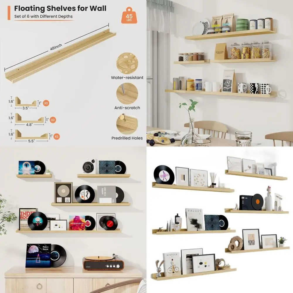 

Set of 6, 48 Oak Floating Wall Shelves with Lip, Large Storage for Nursery, Living Room, Bedroom, Kitchen