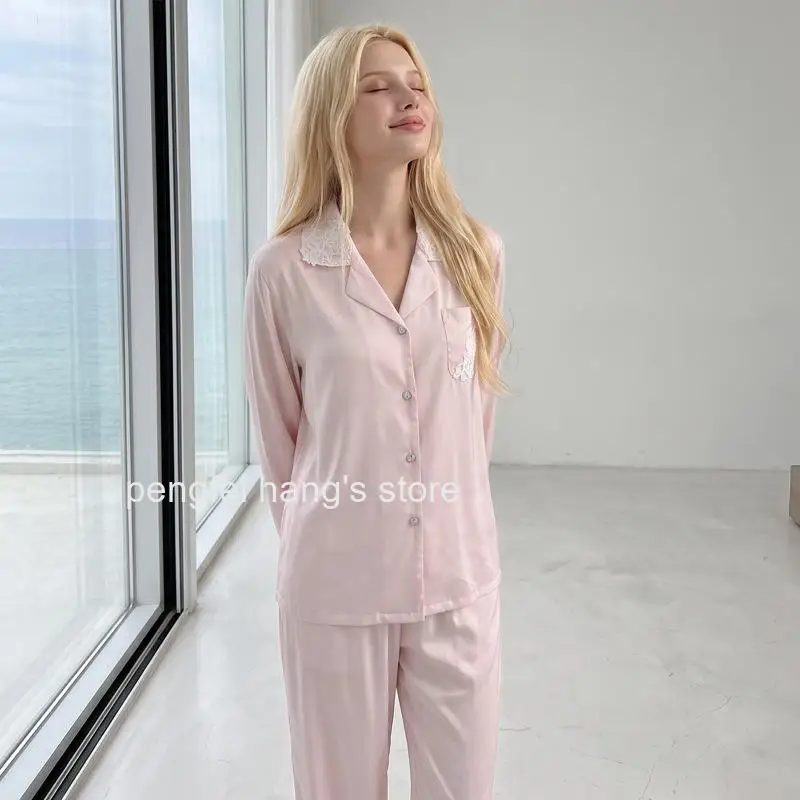 Women Acetate Ice Silk Pajamas, Spring Autumn Thin Solid Long Sleeve Long Pants Homewear, Elegant Hollow Out Sleepwear