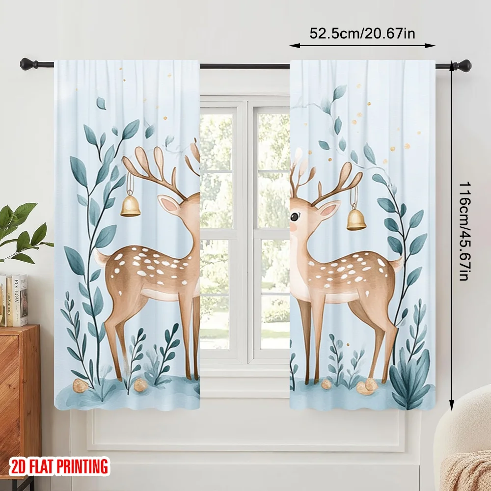 2pcs,2D plane printing Pattern Curtains Cute Deer with Bells (3) Durable 100% Polyester Fabric (without rod) Versatile All