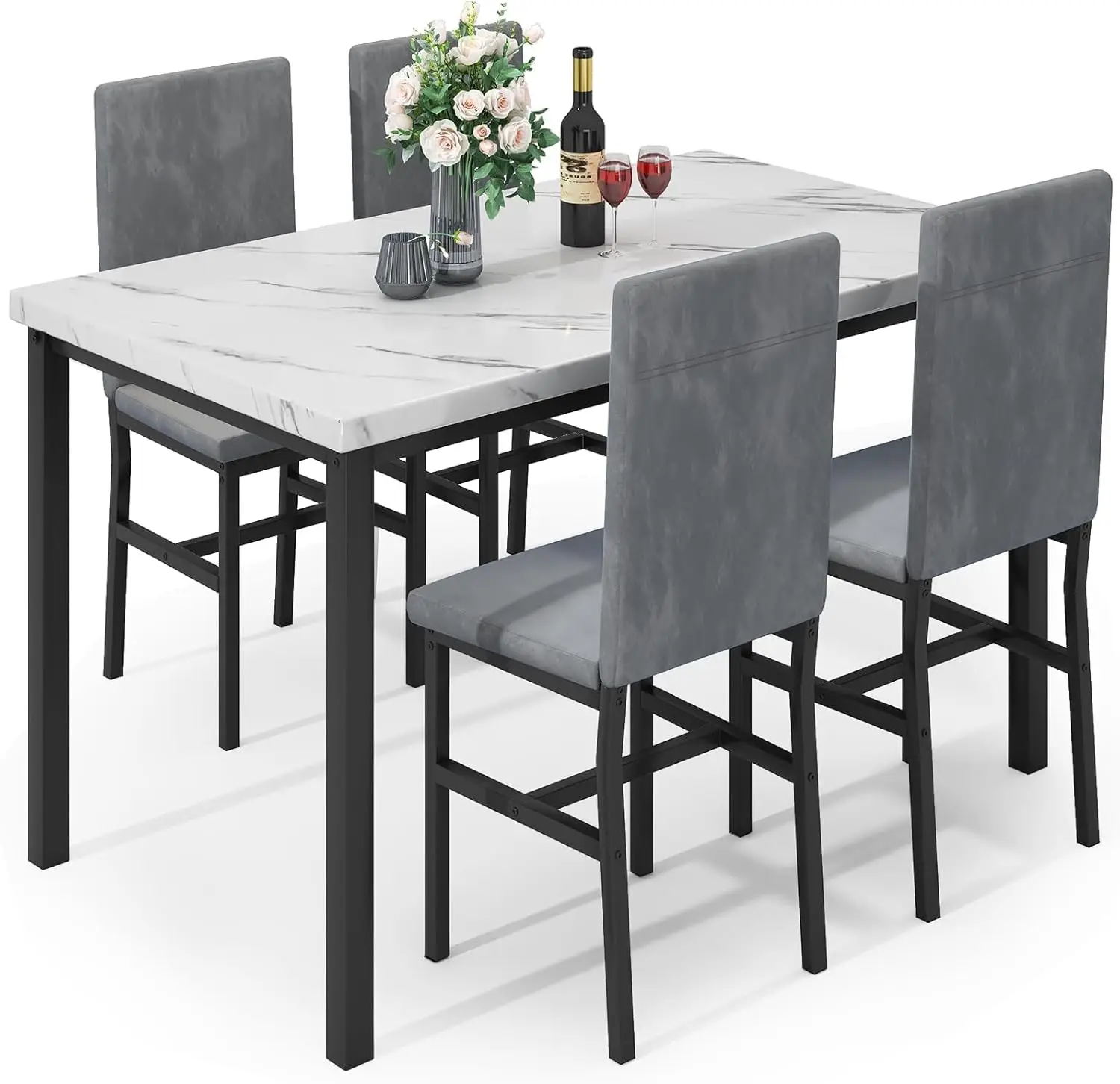 5-Piece Dining Set with Faux Marble Top & Velvet Chairs, Modern Space-Saving Kitchen Table for Small Apartments