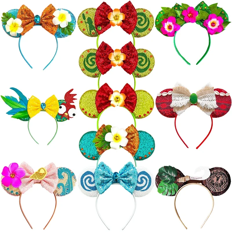 Disney Moana Hair Bands For Women Frangipani Ears Hairband Kids Flower Sequins Bow Hair Accessories Girls Spiral Conch Headbands