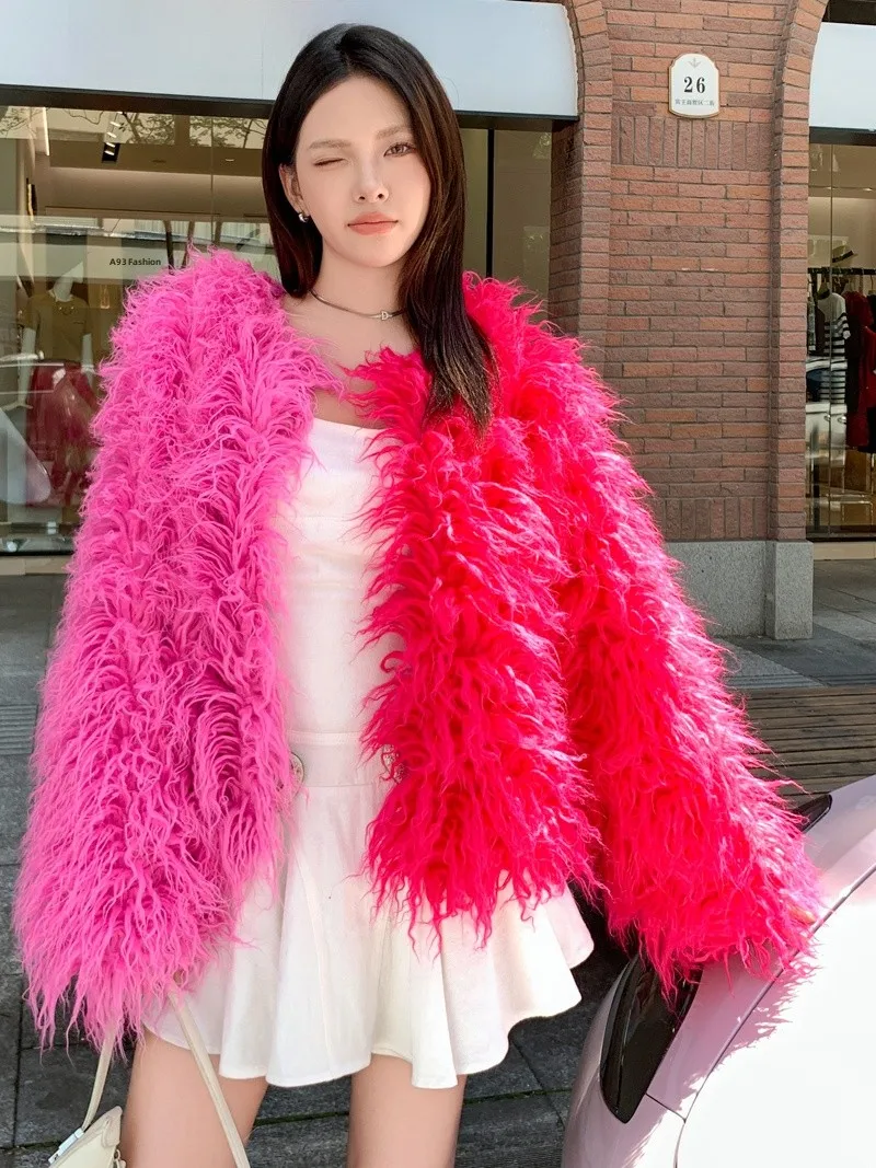 

Autumn Winter ort Sle Faux Fur Coat Women's Pink And Red Color Blo Woolen Outerwear Street Faion round Ne Tee But...