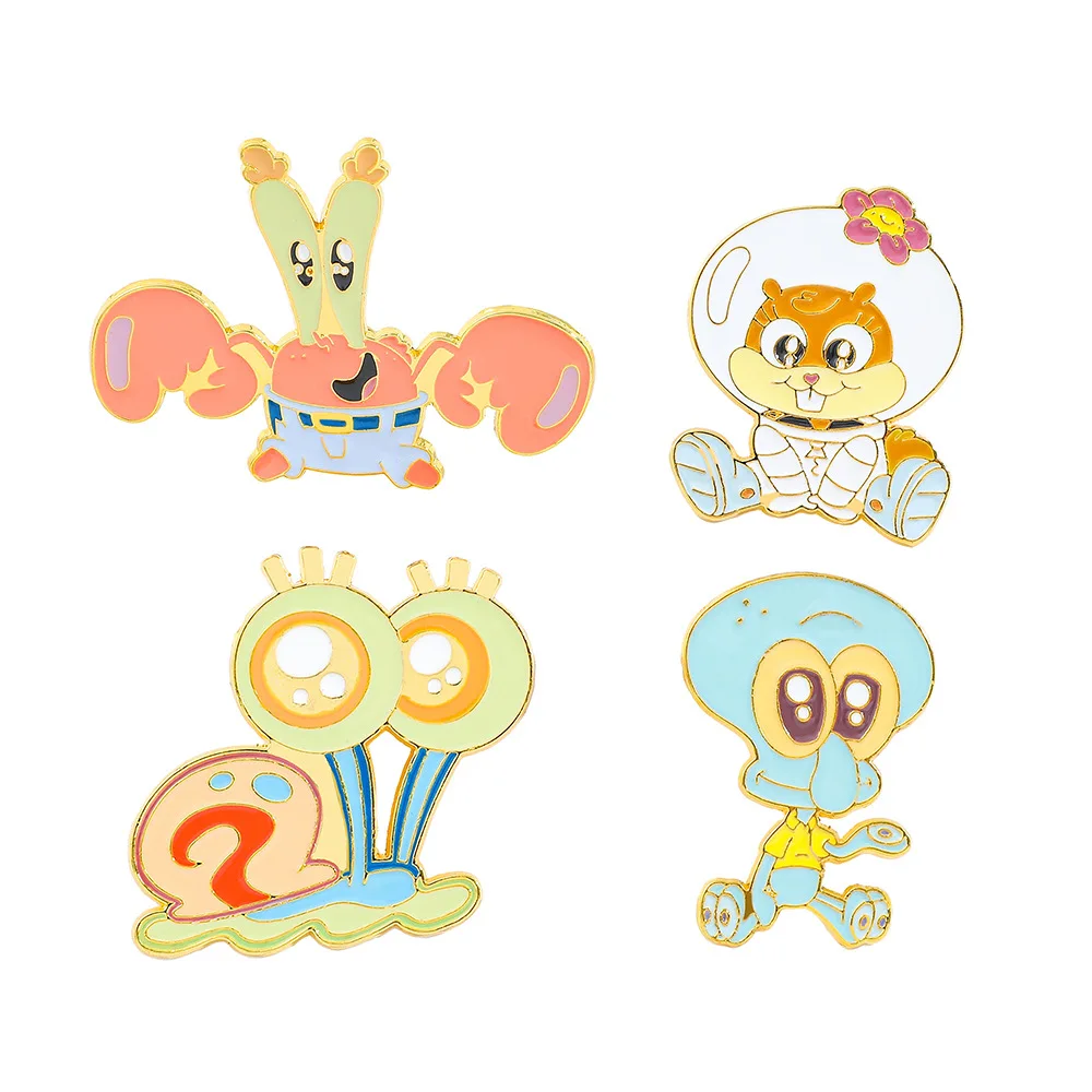 

Cute Cartoon Creative SpongeBob SquarePants Metal Badge Q Cute Crab Boss Octopus Brother Character Environmentally Alloy Brooch