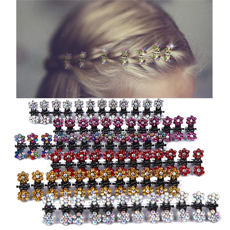 12Pcs/Lot 1*2cm Small Mini Colorful Glitter Rhinestone No-Slip Flowers Metal Hair Claws Hair Accessories For Girls Hair Clips