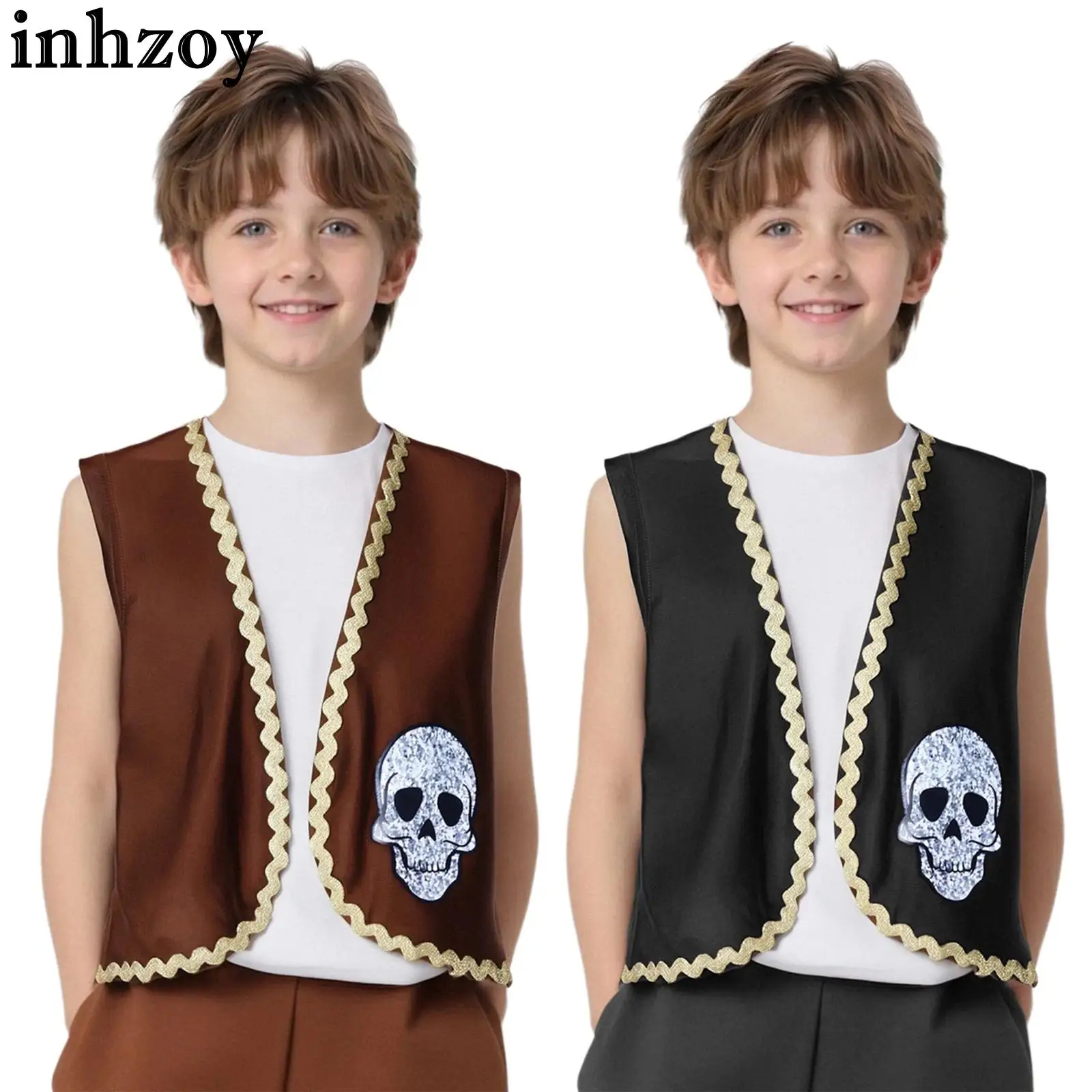 

Children Halloween Party Medieval Renaissance Pirate Cosplay Costume Skull Bones Print Viking Navigator Vest Steampunk Waistcoat